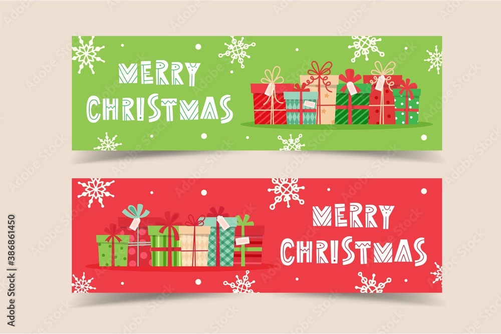 Φωτογραφία Christmas banner template with lettering and gifts, vector illustration in flat