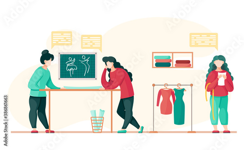 Designers talking, dialogue cloud. Communicating during working process. Concept of sewing workshop with seamstress working. Stylist holding measure tape, standing near rack with new dresses