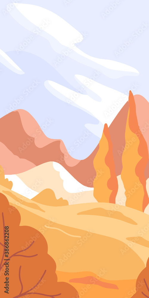 Naklejka premium Panorama landscapes of countryside in autumn. Opening new horizons, outdoor rest concept. Fall background with field, mountains, wild grass and trees, Alps mountain valley. Greeting card design