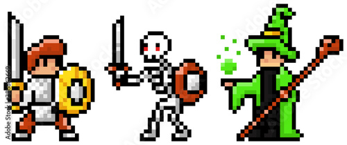 Pixel art style character in game arcade play vector. Man with shield and sword skeleton and wizard, retro gaming mode. Player hero character, skeleton with weapons, magician, sorcerer with stick