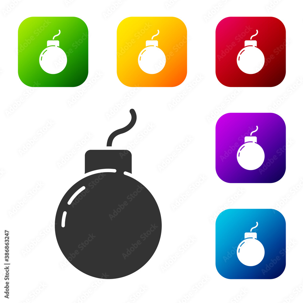Black Bomb ready to explode icon isolated on white background. Set icons in color square buttons. Vector. Black Bomb ready to explode icon isolated on white background. Set icons in color square buttons. Vector.