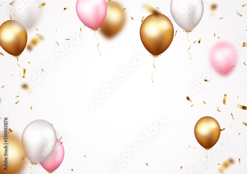 Celebration banner with gold confetti and balloons