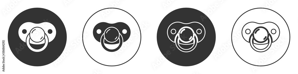 Black Baby dummy pacifier icon isolated on white background. Toy of a child. Circle button. Vector. Black Baby dummy pacifier icon isolated on white background. Toy of a child. Circle button. Vector.