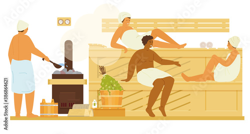 Men And Women In Towels In Sauna Or Banya With Steam Relaxing. Bathhouse Interior Wooden Bench, Birch Brooms, Stove With Firewood, Buckets, Thermometer, Eseential Oils. Flat Vector Illustration.
