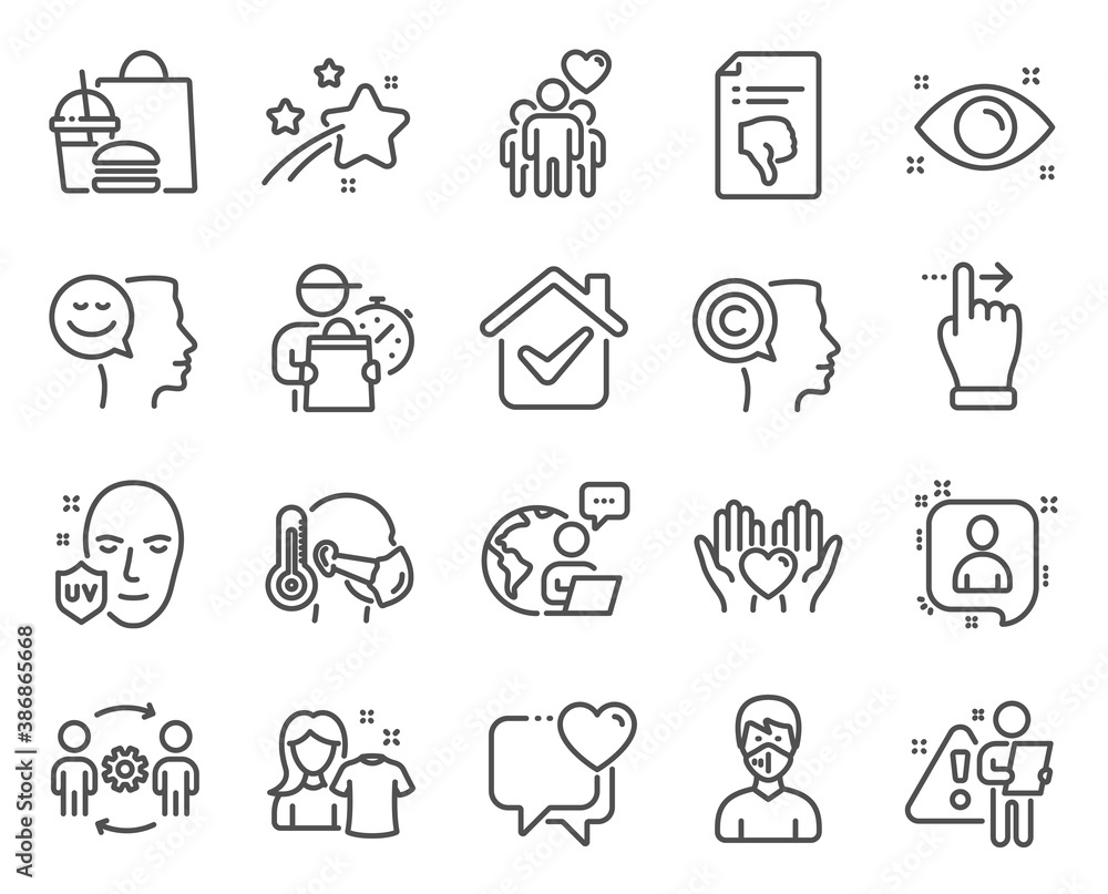 People icons set. Included icon as Sick man, Good mood, Health eye signs. Clean shirt, Touchscreen gesture, Heart symbols. Uv protection, Medical mask, Developers chat. Friendship, Writer. Vector