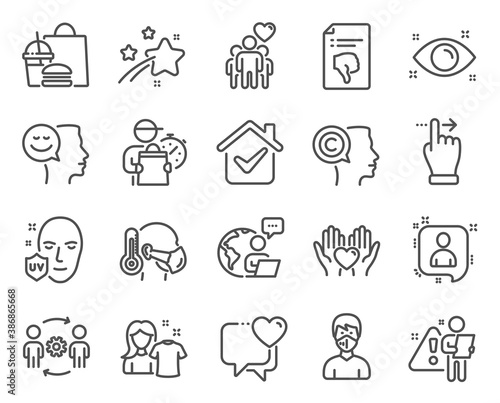 People icons set. Included icon as Sick man  Good mood  Health eye signs. Clean shirt  Touchscreen gesture  Heart symbols. Uv protection  Medical mask  Developers chat. Friendship  Writer. Vector