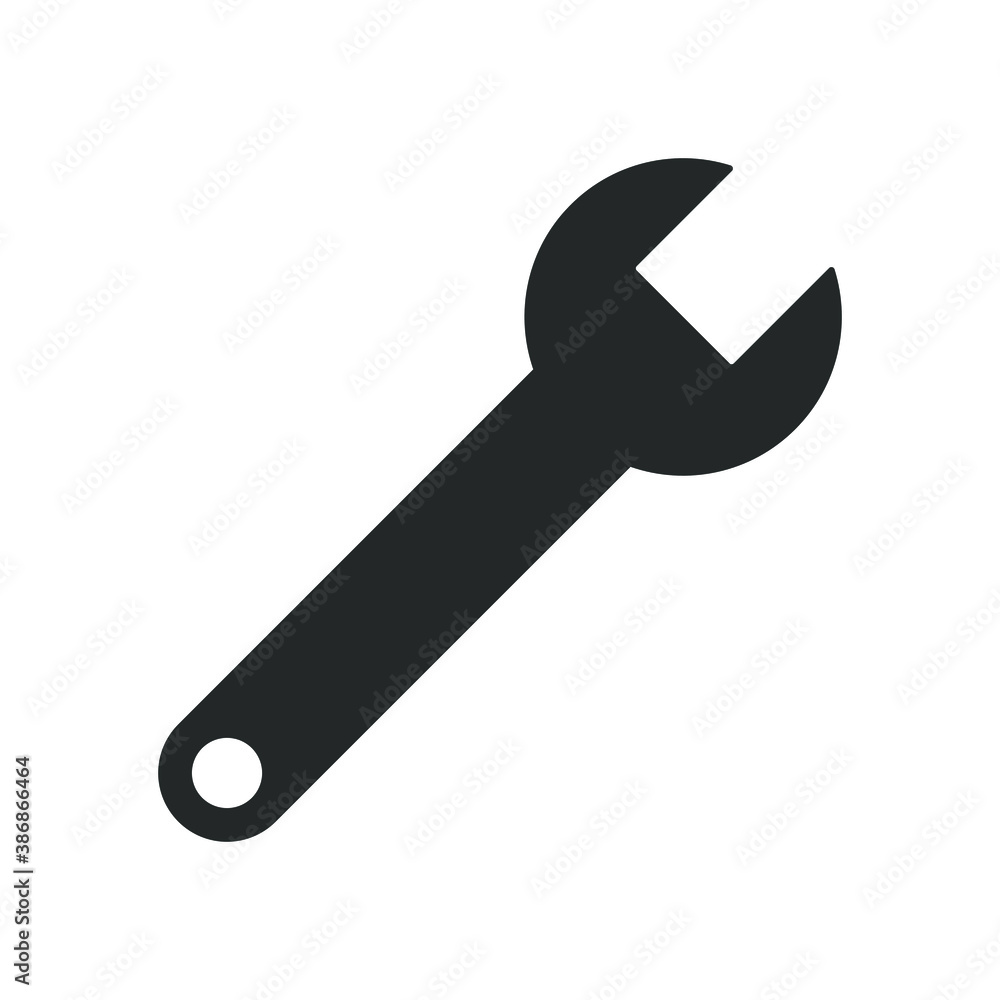 Wrench vector icon. Repair tool symbol. Setup and setting adjustment sign. Mechanic instrument logo. Silhouette isolated on white background. Wrench vector icon. Repair tool symbol. Setup and setting adjustment sign. Mechanic instrument logo. Silhouette isolated on white background.