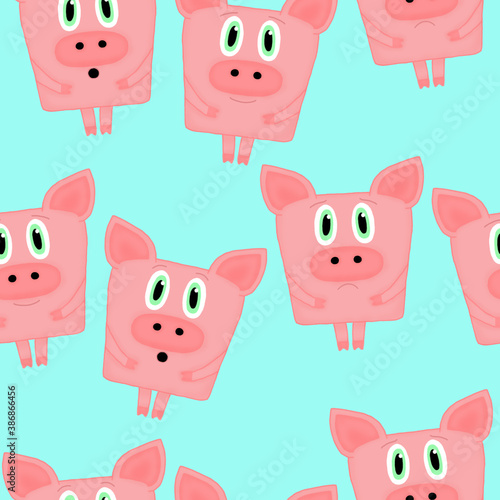 seamless pattern with emotional pigs on a cerulean background