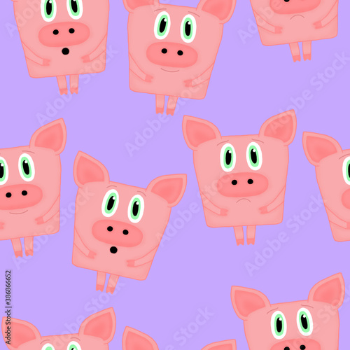 seamless pattern with emotional pigs on a lilac background