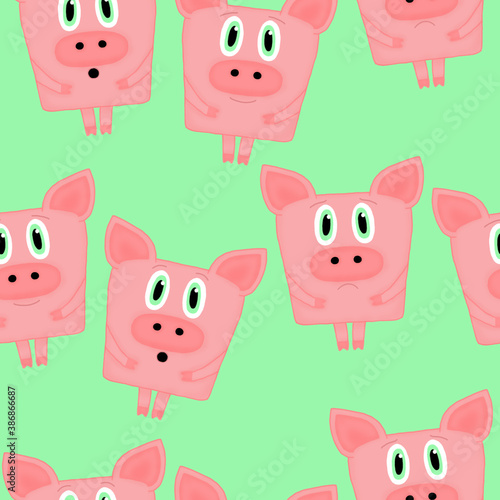 seamless pattern with emotional pigs on a light green background