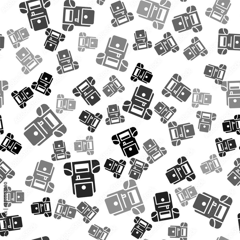 Black Hiking backpack icon isolated seamless pattern on white background. Camping and mountain exploring backpack. Vector. Black Hiking backpack icon isolated seamless pattern on white background. Camping and mountain exploring backpack. Vector.