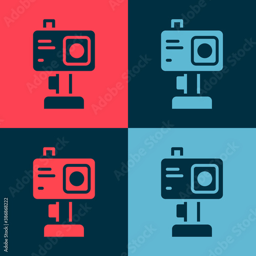 Pop art Action extreme camera icon isolated on color background. Video camera equipment for filming extreme sports. Vector.