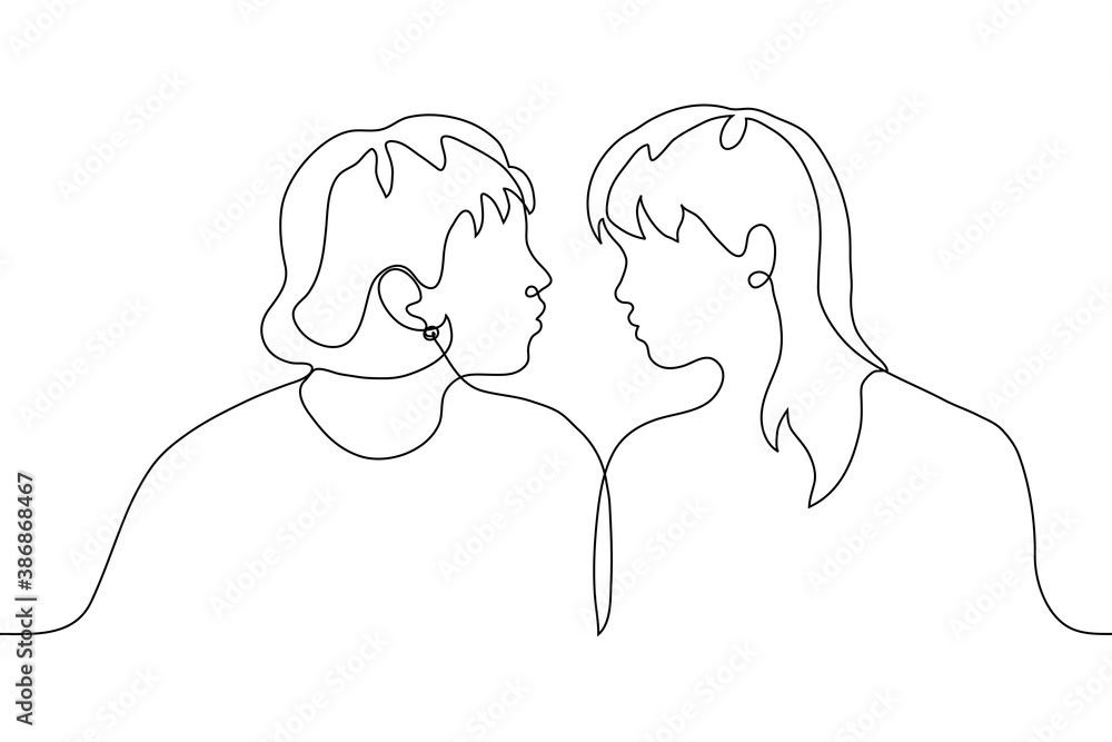 Moment Before The Kiss Of Two Lesbians One Line Drawing Of A Profile Of Two Homosexual Women