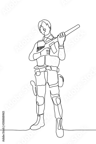 full length hitman with unprotected head in uniform holds a weapon, posing for the observer. one line drawing soldier / paintball player standing holding a gun