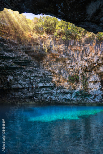Clear water and sunlight coming in from above in Melissani cave, Kefalonia