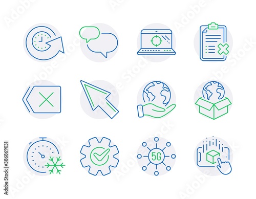 Technology icons set. Included icon as Remove, Reject checklist, Seo laptop signs. Freezing timer, Delivery service, Cogwheel symbols. 5g technology, Mouse cursor, Chat message line icons. Vector