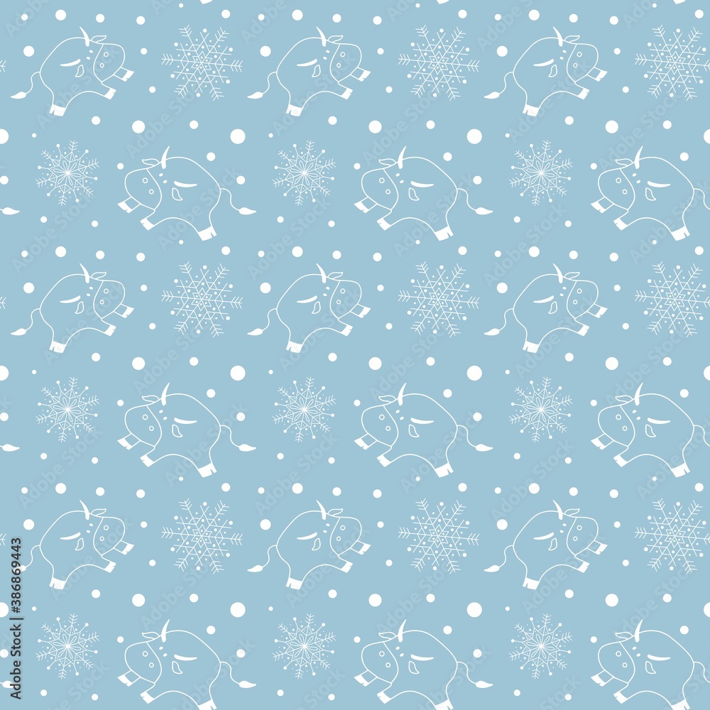Vector seamless pattern. Cute doodle bull or cow, symbol of 2021 year, and snowflakes. Backdrop or Christmas wrapping paper concept, isolated on blue background