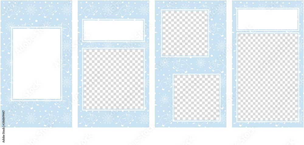 Vector editable stories templates, set of posts for social media, blue color. Cute doodle bulls or cows, symbol of 2021 year, and snowflakes. Isolated on white background