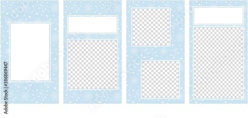 Vector editable stories templates, set of posts for social media, blue color. Cute doodle bulls or cows, symbol of 2021 year, and snowflakes. Isolated on white background