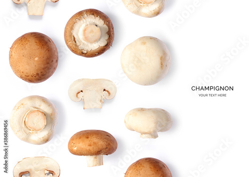 Creative layout made of champignon on the white background. Flat lay. Food concept.