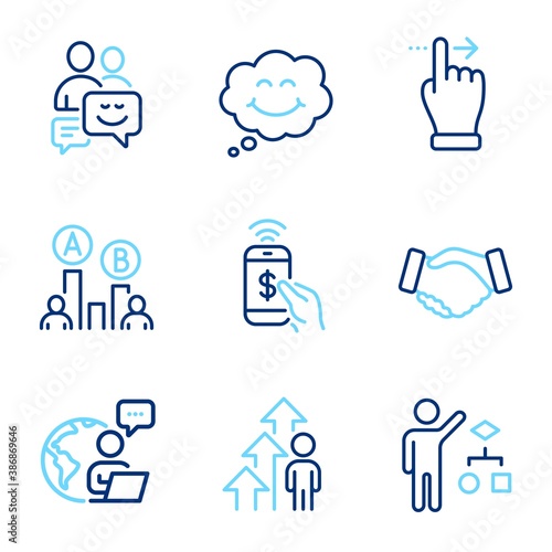 People icons set. Included icon as Handshake, Smile, Algorithm signs. Touchscreen gesture, Ab testing, Employee result symbols. Communication, Phone payment line icons. Deal hand, Comic chat. Vector