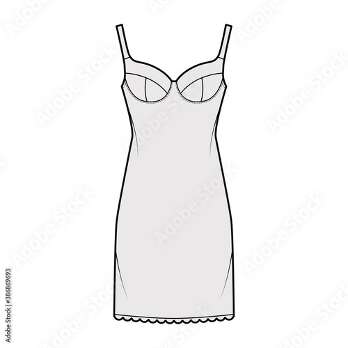 Bra slip lingerie dress technical fashion illustration with molded cup, adjustable shoulder straps, scalloped edge, thigh length. Flat template front, grey color style. Women men underwear CAD mockup