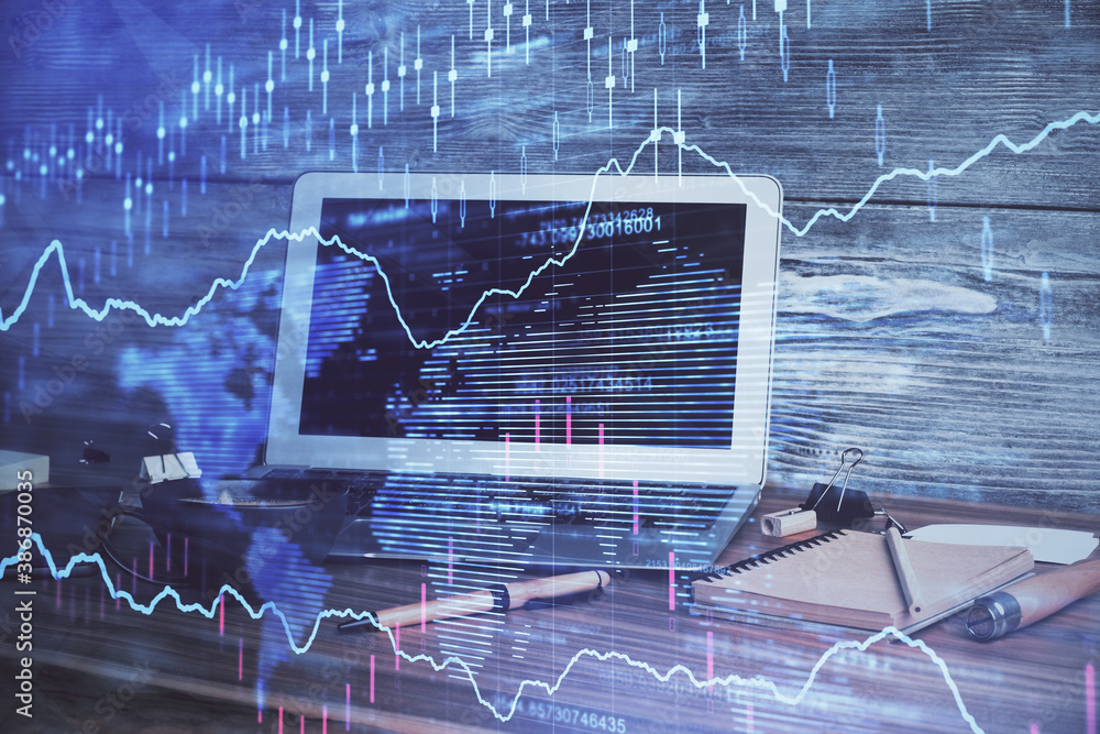 Multi exposure of forex chart and work space with computer. Concept of international online trading. Multi exposure of forex chart and work space with computer. Concept of international online trading.
