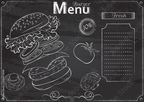Vector template with burger elements for menu stylized as chalk drawing on chalkboard.Design for a restaurant, cafe or bar. Still life illustration. Fast food menu