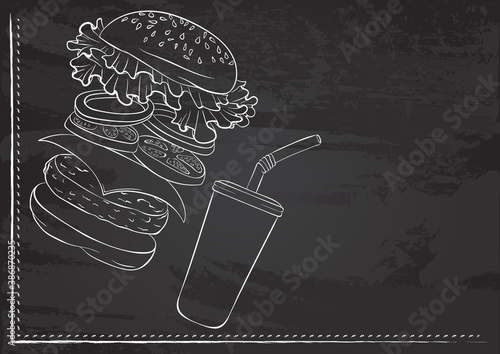 Vector template with burger elements and soda stylized as chalk drawing on chalkboard. Design for a restaurant, cafe or bar. Fast food menu