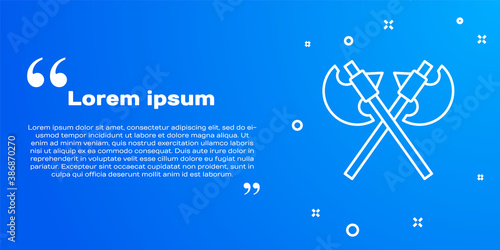 White line Crossed medieval axes icon isolated on blue background. Battle axe, executioner axe. Medieval weapon. Vector.