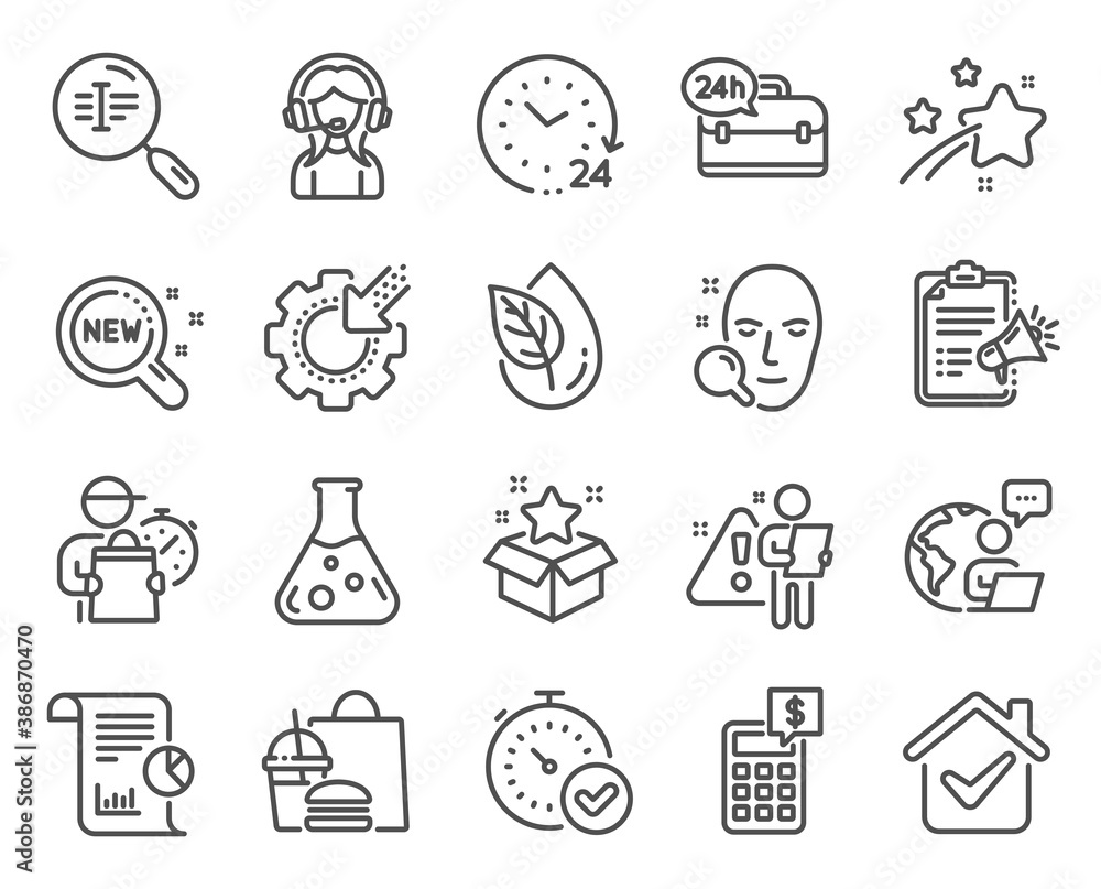 Technology icons set. Included icon as Calculator, New products, 24 hours signs. 24h service, Seo gear, Fast verification symbols. Chemistry lab, Search text, Organic product. Support. Vector