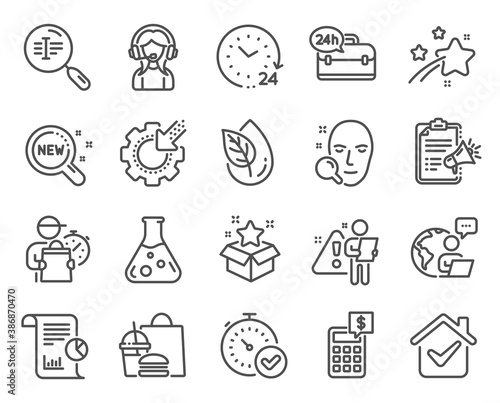 Technology icons set. Included icon as Calculator, New products, 24 hours signs. 24h service, Seo gear, Fast verification symbols. Chemistry lab, Search text, Organic product. Support. Vector