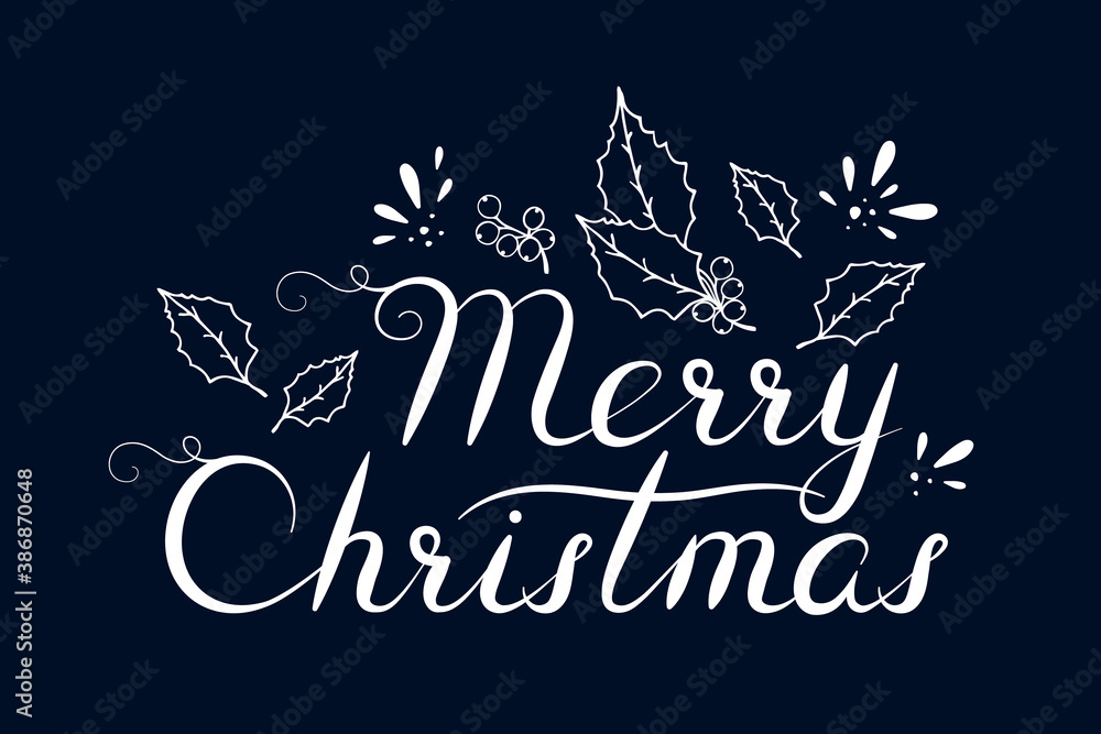 Hand drawn Merry Christmas border with holly leaves and berries. Festive holiday banner. Vector isolated winter background with calligraphic lettering.