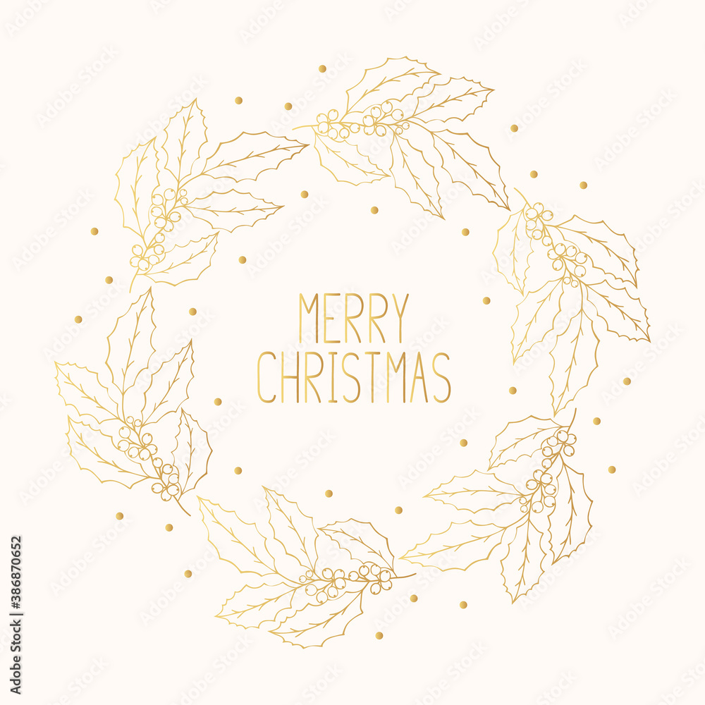 Hand drawn golden Merry Christmas wreath with gold holly. Festive holiday border. Vector isolated round winter frame with lettering.