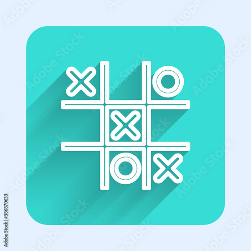 White line Tic tac toe game icon isolated with long shadow. Green square button. Vector.