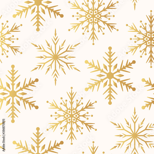 Magic holiday golden texture with Merry Christmas snowflakes. Vector isolated winter festive background for wrapping paper. Seamless pattern with gold ornate stars.