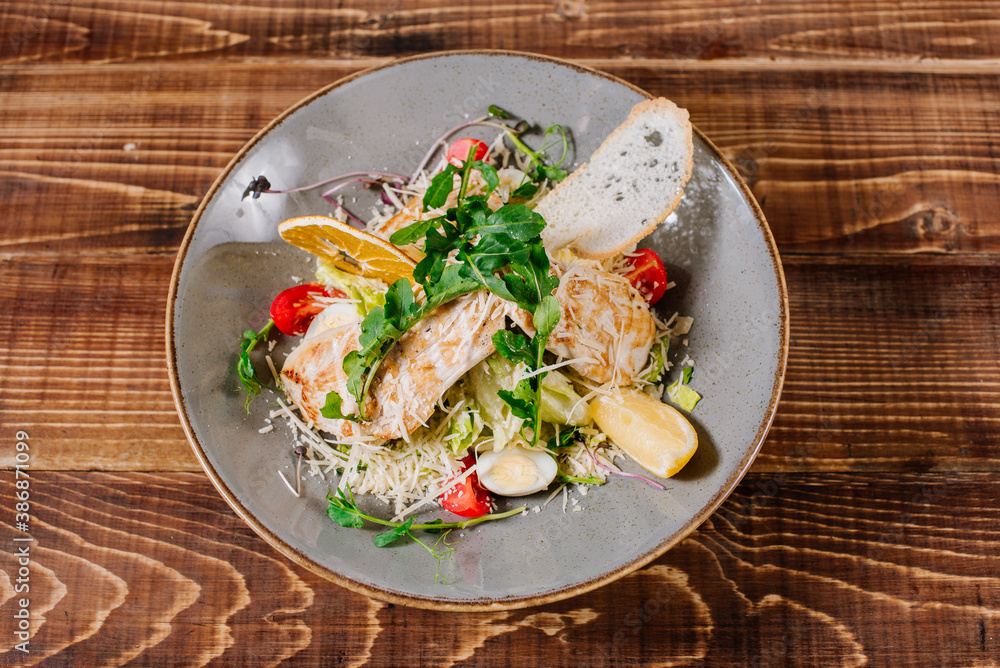Chicken meat salad with egg, vegetables and herbs Chicken meat salad with egg, vegetables and herbs