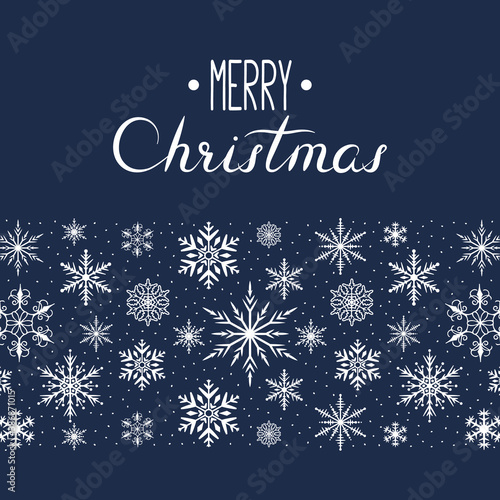 Winter holiday card template. Vector isolated festive background with lettering. Magic Merry Christmas border with snowflakes and sparkles. 