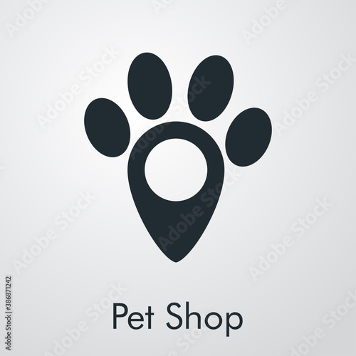 Tienda de mascotas. Logotipo pisada de perro en puntero en fondo gris