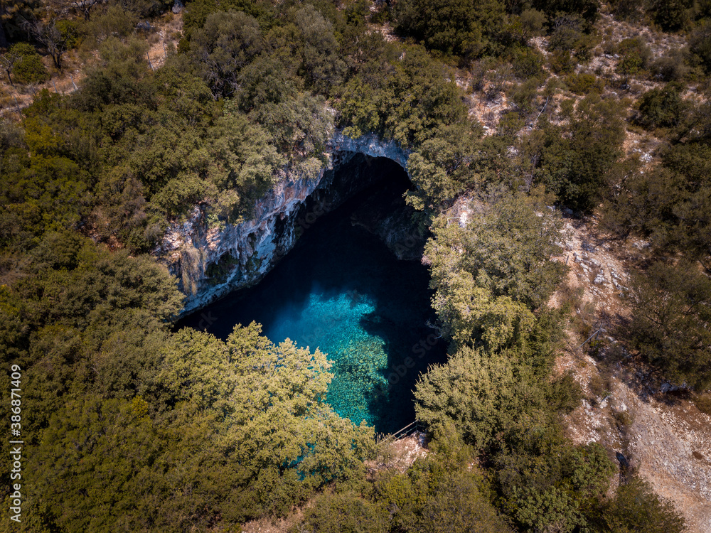 Aerial view of Melissani cave entrance