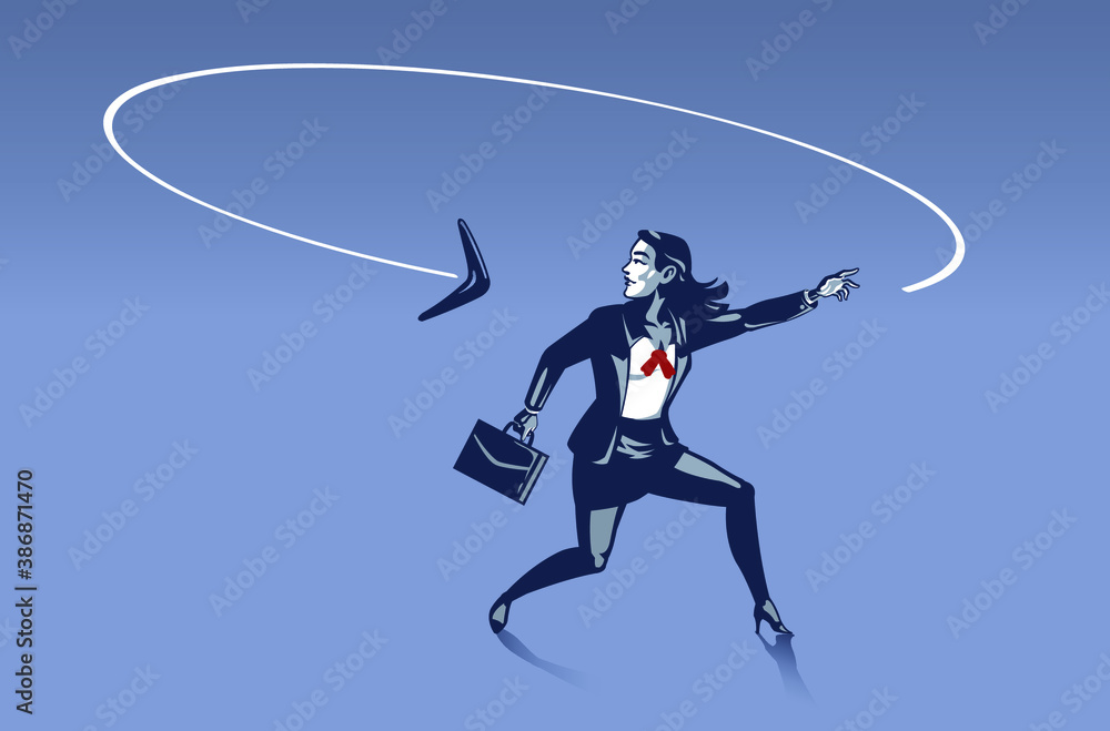 Business Woman Surprised as Boomerang He Throws Goes back to Him from Behind . Business Illustration Concept of Consequences and Karma behind Every Step We Make Business Woman Surprised as Boomerang He Throws Goes back to Him from Behind . Business Illustration Concept of Consequences and Karma behind Every Step We Make