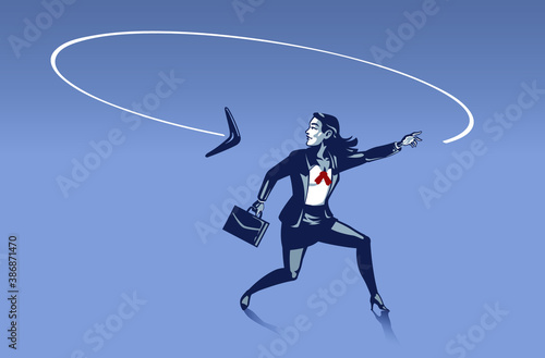 Business Woman Surprised as Boomerang He Throws Goes back to Him from Behind . Business Illustration Concept of Consequences and Karma behind Every Step We Make photo