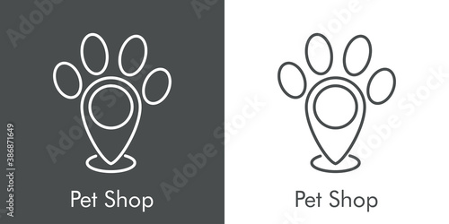 Tienda de mascotas. Logotipo lineal pisada de perro en puntero en fondo gris y fondo blanco