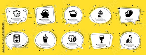 Food and drink icons set. Speech bubble offer banners. Yellow coupon badge. Included icon as Coffee maker, Beans, Water bottle signs. Teapot, Milk jug, Beer glass symbols. Vector