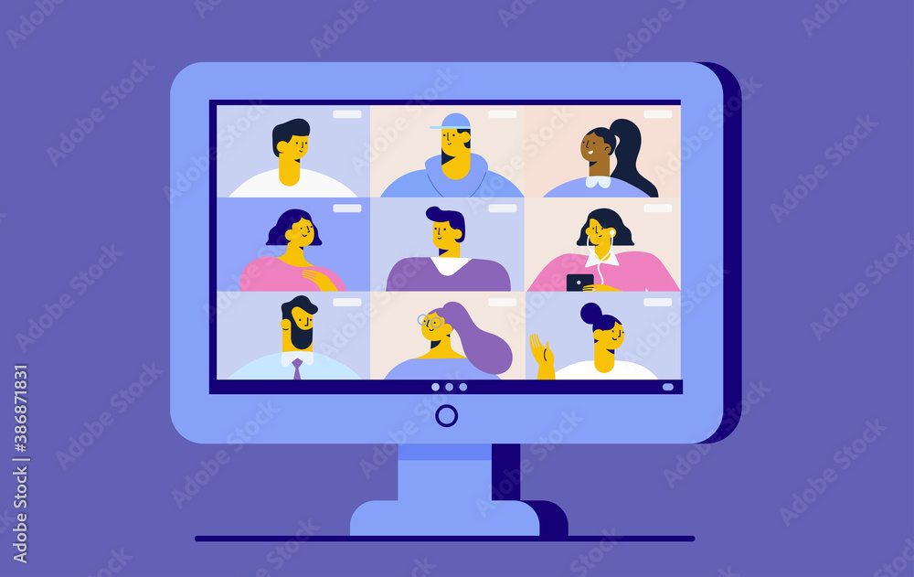 Working from home. Monitor screen. Group of people talking by internet. Conference video call. Coronavirus, quarantine isolation. Stream, web chatting, online meeting friends Working from home. Monitor screen. Group of people talking by internet. Conference video call. Coronavirus, quarantine isolation. Stream, web chatting, online meeting friends