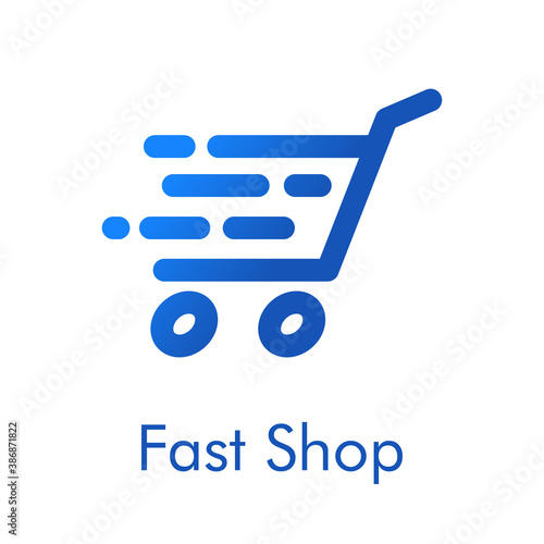 Símbolo de tienda en línea. Logotipo lineal con texto Fast Shop con carrito de la compra con líneas de velocidad en color azul