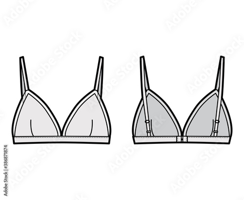 Triangle Bra lingerie technical fashion illustration with adjustable straps, hook-and-eye closure, sheer edge cups. Flat brassiere template front, back grey color style. Women men underwear CAD mockup