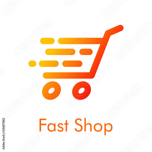 Símbolo de tienda en línea. Logotipo lineal con texto Fast Shop con carrito de la compra con líneas de velocidad en color naranja