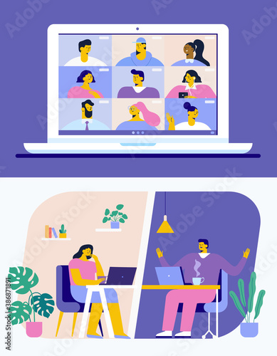 Working from home. Conference video call.
Laptop screen. Group of people talking by internet. Conference video call. Coronavirus, quarantine isolation. Stream, web chatting, online meeting friends 