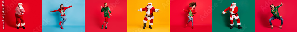 Full length collage photo dancing people newyear party concept colorful background Full length collage photo dancing people newyear party concept colorful background